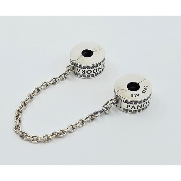 Authentic Pandora Logo Sterling Silver Pave CZ Safety Chain Clip Charm - Picture 2 of 9